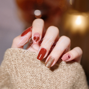 冬景/橘红色跳色心形美甲贴片指甲成品手工穿戴甲新年甲可拆卸