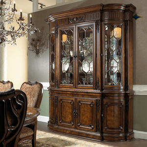 欧式复古四门玻璃酒柜家用餐厅碗碟柜茶水柜美式柚木色弧形柜子