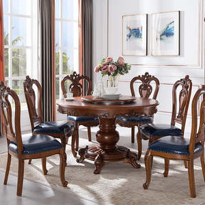 欧式全实木大理石餐桌椅组合美式小户型做旧圆桌带转盘饭桌家用