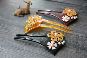 满58包邮日本日式高档传统和风发饰镂空樱花珍珠发簪发钗u型头饰