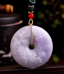 天然a货翡翠如意牡丹花平安扣吊坠 紫罗兰糯种复古挂坠项链锁骨链
