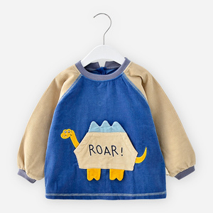 秋冬灯芯绒儿童罩衣宝宝卡通小恐龙吃饭防水围兜男孩外穿洋气倒褂