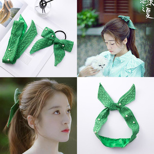 泡沫之夏尹夏沫张雪迎同款绿色蕾丝带发带小清新钉珍珠甜美头绳女