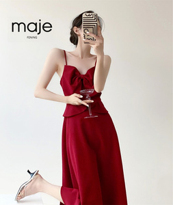 高端奢侈品 红色连衣裙新款蝴蝶结订婚吊带裙夏季法式小红裙礼服
