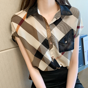 韩范衬衫女2024夏季新款设计感小众洋气上衣复古格子短袖雪纺衫潮