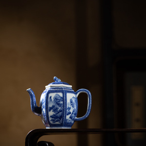 新品 景德知竹山房 李小山 青花 开窗六方山水壶 全手工壶220ml