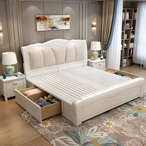 欧式实木床白色皮靠床简约家具双人床皮靠轻奢储物公主床婚床现代