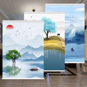 卷帘窗帘定制新中式山水风景字画半遮光客厅办公室卫生间卷拉式帘