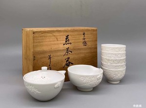 [传韵阁『日本昭和时期升山 出石烧 白瓷煎茶器一套共原木』