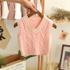 女童马甲学院风儿童套头马夹v领 女宝宝针织坎肩春秋婴儿毛衣背心