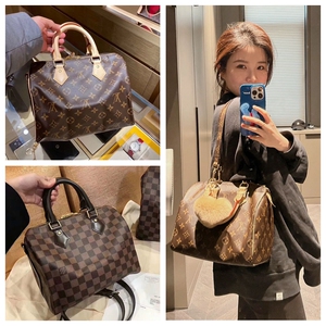 lv路易威登speedy25老花枕头包单肩斜挎包棋盘格手提包女包m41109