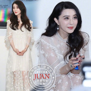 高端生日派对晚宴礼服范冰冰同款主持人蕾丝荷叶边钩花网纱连衣裙