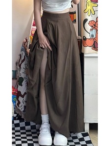 棕色半身裙新款梨形身材大码小个子mm长裙到脚踝超长款a字百褶裙