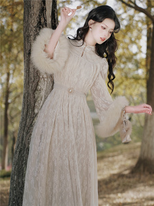 新中式国风连衣裙秋冬温柔风蕾丝加绒宽松显瘦超仙甜美奶甜公主裙