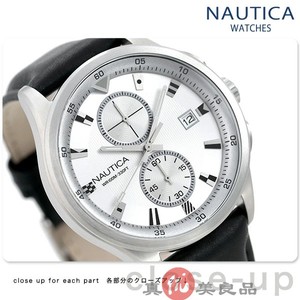 日本代购nautica诺帝卡男士简约双眼多功能表盘真皮商务休闲手表