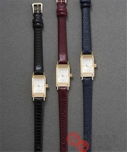 日本代购 ete 日本制 女士黄金涂层镶钻石长方形盘蜥蜴皮表带手表