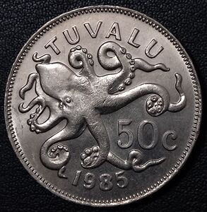 图瓦卢1985年50分铜镍币,章鱼,31.65mm,少见品种,外国硬币