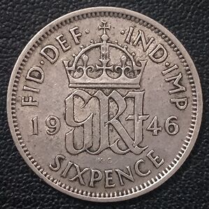 英国1946年6便士银币,乔治六世,2.828g,19.4mm,外国硬币收藏