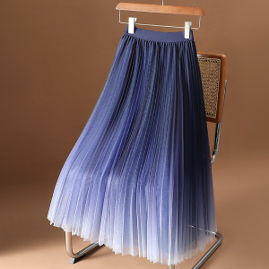 joliment深蓝色渐变半身裙女新款高腰显瘦纱裙时髦百搭中长百褶裙