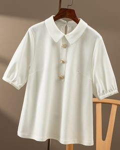 joliment白色纽扣套头短袖女2022年夏季休闲百搭修身显瘦上衣潮