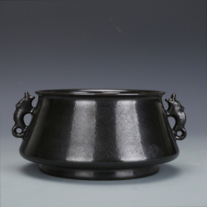 宋瓷收藏汝窑黑釉双耳香炉古董古玩五大名窑包老瓷器收藏真品摆件