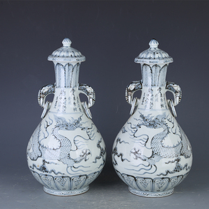 明洪武青花瓷器龙纹象耳盖瓶古董古玩明清老瓷器旧货老货收藏真品