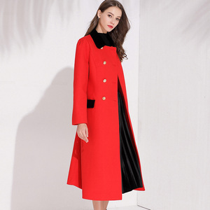 明星同款19冬季新款红黑撞色翻领修身时尚呢子加长款大衣外套女装