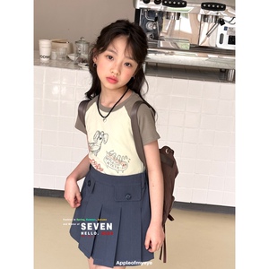 波拉韩国童装24凹末夏季女童灰米色百折半身短裙冰感百搭潮范