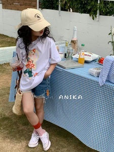 波拉韩国童装23阿尼卡女童夏季白灰色军绿色兔子短袖T恤卡通图案
