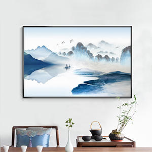 玄关走廊横款山水画风景装饰画新中式单幅茶室禅意水墨画墙面挂画
