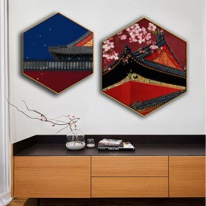 红色喜庆装饰画古风古建筑故宫禅意客厅背景墙壁画新中式床头挂画