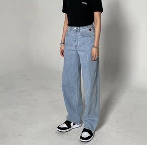 现 spell edit韩国代购正品21春 水洗浅蓝色高腰阔腿直筒牛仔裤