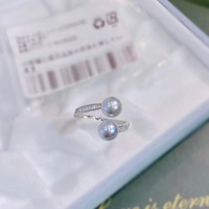 DIY珍珠配件S925纯银戒指空托梯方钻双珠款开口戒珠宝手工银饰品