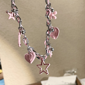 小众设计个性金属朋克缠绕珠珠流苏星星项链粉色土星潮颈链锁骨链
