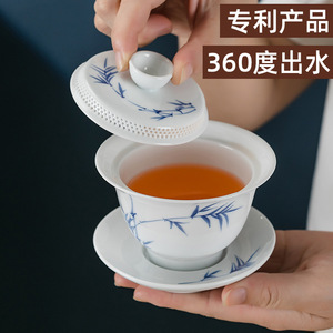 新款白瓷盖碗泡茶三才碗360度出水防烫家用盖杯德化陶瓷手绘茶器