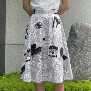 富耀姿个性报纸图案高腰半身裙a字裙伞裙百褶裙中长裙2022夏季