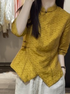 新中式设计感小众上衣显瘦黄色雪纺圆领盘扣中袖收腰衬衫女士夏季