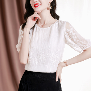 女真丝t恤短袖夏季新品高档时尚洋气白色小衫气质减龄桑蚕丝妈妈t