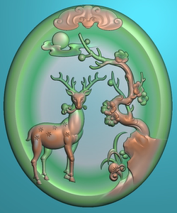 新款椭圆山水梅花鹿电脑精雕图动物挂件翡翠玉雕灰度图jdp瑞兽鹿