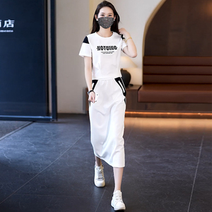 品牌欧货休闲运动套装女夏拼接白色显瘦短袖T恤开叉半身裙两件套