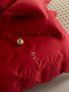 100S高端婚庆床品四件套 纯棉大红色床上纯色结婚床单床上用品