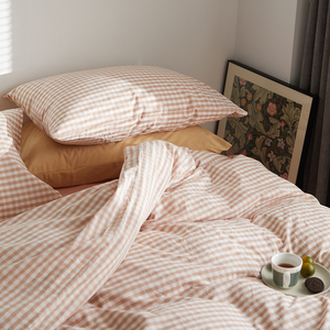 全棉水洗棉床上四件套 北欧简约风纯棉格子被套纯色床单床笠床品