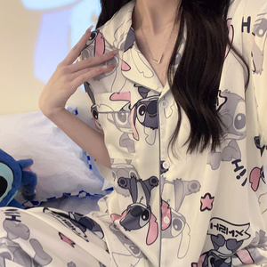 韩国GIOIO史迪仔卡通冰丝睡衣女夏季短袖可爱情侣丝绸春秋三件套