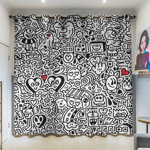 现代简约个性涂鸦客厅卧室遮光挂钩款窗帘防晒隔热帘试衣间免打孔