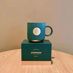 星巴克杯子2021新款墨绿色条纹陶瓷logo金色铭牌马克杯礼盒咖啡杯