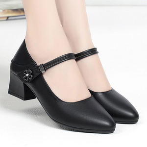 半高跟真皮方口女士皮鞋中老年春秋广场舞黑色拉带单鞋软底妈妈鞋