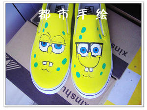 套脚一脚蹬萌手绘鞋子海绵宝宝黄色/涂鸦卡通女生帆布鞋/彩绘板鞋