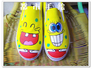 一脚蹬手绘鞋子 黄海绵宝宝涂鸦鞋/可爱帆布鞋/彩绘板鞋/卡通套脚