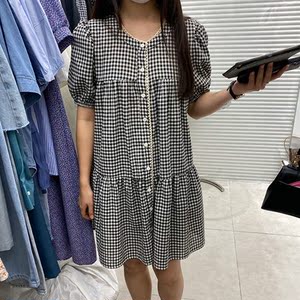 kapok格子连衣裙女v领单排扣拼接宽松显瘦绣花蕾丝边2021夏季新款