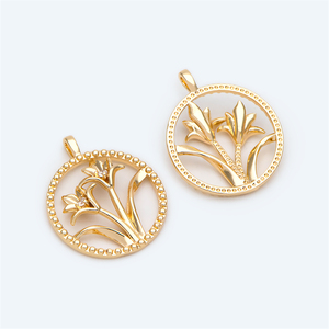 金色微镶百合花吊饰吊坠 铜镀真金 手工diy饰品配件 半成品材料